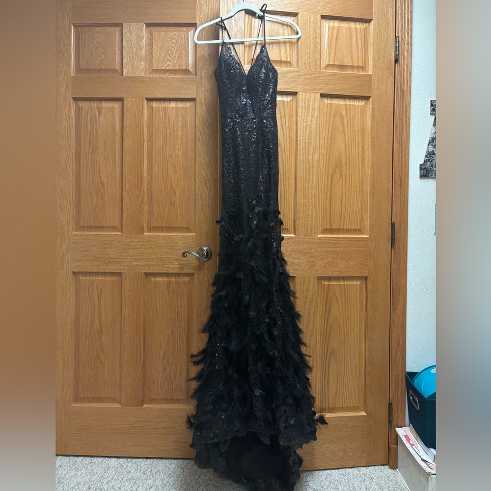 Prom Girl Sequined and Feathered Black Prom Dress
